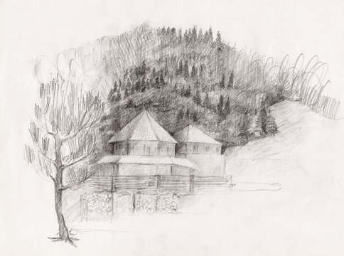 Sketch of Building on hillside