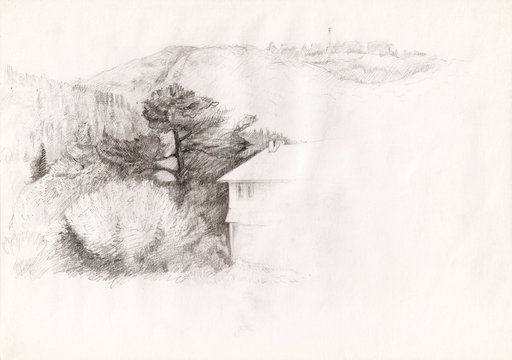 Unfinished Sketch of Mountains and Part of Building