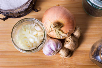 Homemade onion syrup with garlic and ginger. Traditional medicine