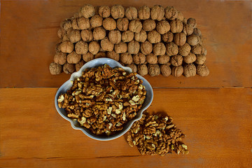 A bowl with walnut kernels and a lot of walnuts folded in the form of a prism.