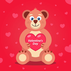Plakat soft teddy bear with a heart in its paws. banner for valentines day. Flat character vector illustration.