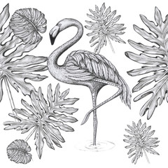 pattern tropical leaves flamingo
