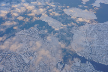 Aerial view of Reykjavik, the capital of Iceland, covered with ice and snow