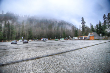 ZAKOPANE, POLAND - NOVEMBER 04, 2019: Tatra National Park in Polish Tatra Mountains. Parking and...