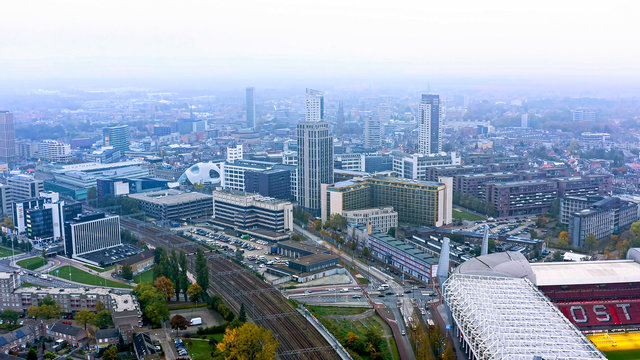 Aerial view of Eindhoven is a city in the province of North Brabant in the south Netherlands. It’s the birthplace of Philips electronics, which built the Philips Stadium, home to the PSV soccer team