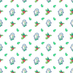 Watercolor pattern with leaves and berries of mistletoe and penguin with fish on a white background. Children's illustration in cartoon style for the new year for printing, textile, packaging