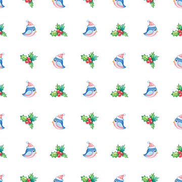 Watercolor pattern with mistletoe leaves and berries and a stylized bullfinch in a hat on a white background. Children's illustration in cartoon style for the new year for printing, textile, packaging