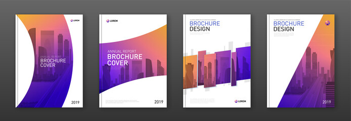 Brochure cover design layout set for business and construction. Abstract geometry whith colored cityscape vector illustration on background. Good for annual report, industrial catalog design.