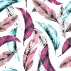 Behang Aquarel veren Naadloos patroon van vogelveren. Aquarel illustratie op een witte achtergrond.