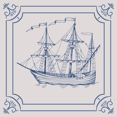 Old caravel. Ship on the Blue Dutch tile. Imitation. Frigate, vintage sailboat, Sailing vessel , glazed porcelain ceramic.