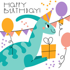 Cute smiling green dinosaur with a gift wishes happy birthday. Vector hand drawn cartoon illustration. Happy Dino. Greeting card. Concept for children print. 