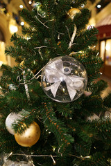 Christmas decorations on the Christmas tree. Transparent balls with a bow inside.