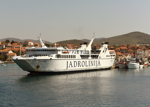 Vela Luka, Croatia - August 2017: Ferry Jadrolinija in port of Vela Luka on island Korcula, Croatia.