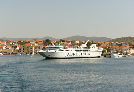 Vela Luka, Croatia - August 2017: Ferry Jadrolinija in port of Vela Luka on island Korcula, Croatia.