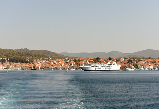 Vela Luka, Croatia - August 2017: Ferry Jadrolinija in port of Vela Luka on island Korcula, Croatia.