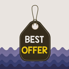 Text sign showing Best Offer. Business photo showcasing great agreement entered by parties for their mutual benefit Empty tag blank space colorful background label rectangle attached string