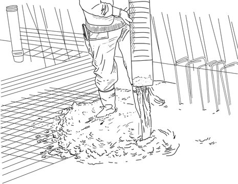 Hand draw building construction worker pouring cement or concrete with pump tube illustration