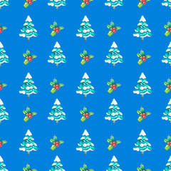 Watercolor pattern with mistletoe leaves and berries and a snowy cute Christmas tree on a blue background. Children's illustration in cartoon style for the new year for printing, textile, packaging