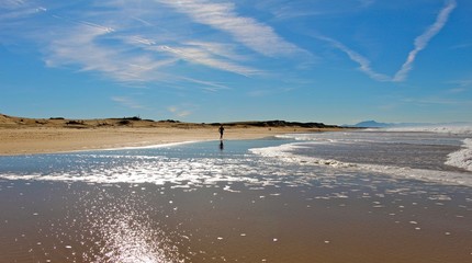 Personne faisant un jogging sur une grande plage de sable