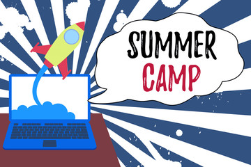 Conceptual hand writing showing Summer Camp. Concept meaning supervised program for children conducted during the summer Successful rocket launching laptop background Startup grow