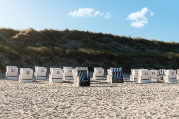 Naklejka premium North Sea beach with wicker chairs and grass dunes on Sylt island