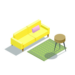 Vector isometric yellow sofa with table and carpet interior furniture set 