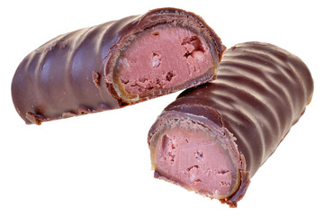 Chocolate bar with fruit berry cream filling isolated;;;