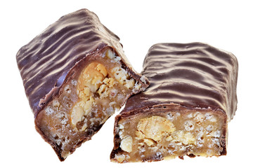 Chocolate bar with peanut and puffed rice isolated