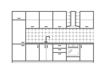 Kitchen furniture front view in linear style. Interior vector illustration