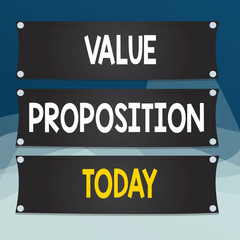 Writing note showing Value Proposition. Business concept for make a company or product attractive to customers Wooden panel attached nail on colorful background plank wood