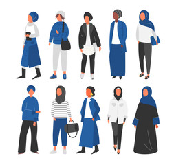 Hijab Muslim Woman set. Covered arab islamic fashion. Vector people.