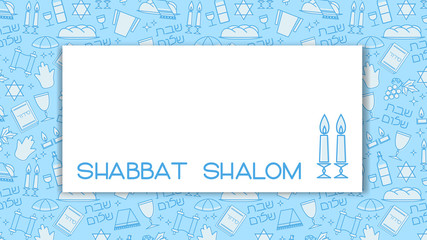 Shabbat blue background with copy space. Star of David, candles, kiddush cup and challah. Hebrew text 