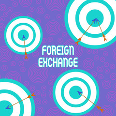 Conceptual hand writing showing Foreign Exchange. Concept meaning system for dealing in the currency of other countries Arrow and round target asymmetrical shape multicolour design