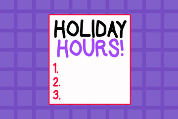 Conceptual hand writing showing Holiday Hours. Concept meaning Overtime work on for employees under flexible work schedules Background combination squares Seamless pattern design