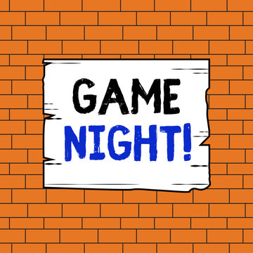 Text sign showing Game Night. Business photo text usually its called on adult play dates like poker with friends Wooden square plank empty frame slots grooves wood panel colored board lumber