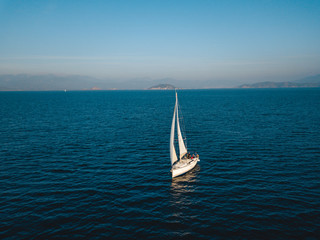 Aerial view of sailing in the open sea in Turkey