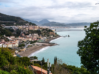 view of Vietri sul Mare with the background of the city of Salerno. Amalfi Coast, Campania, Italy