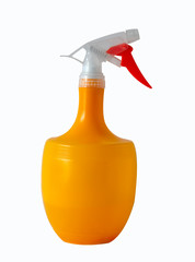 Orange spray liquid for flowers close-up. Isolated object on white background.