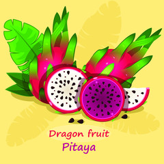 Dragon fruit Pitaya with green leafs on yellow background