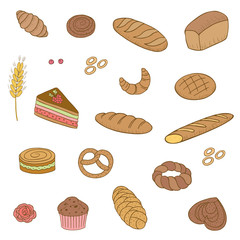 Hand drawn vector set with different kind of bread and sweets. Good for baker shops, cafes and confectioneries