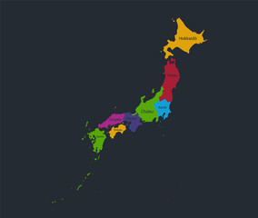 Infographics Japan map, flat design colors, with names of individual states