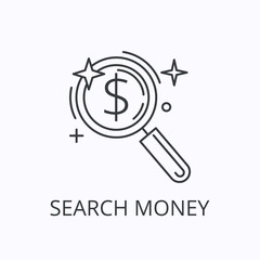 Magnifying glass and dollar thin line icon. Search money concept. Outline vector illustration
