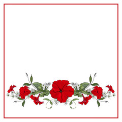 Vector floral horizontal border with red petunias. Summer flowers for design, fashion, print, posters, postcard, textile, wedding stationary, greeting card. Copy space.