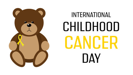 International childhood cancer day. Poster with yellow ribbon. Medical banner. International health campaign. World childhood cancer symbol. Medical treatment. Global concept. Hope emblem.
