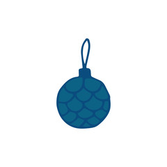 Christmas tree decoration,ornament,bauble vector icon in doodle, hand drawn style isolated on a white background.X mas bauble in blue color of the year 2020.