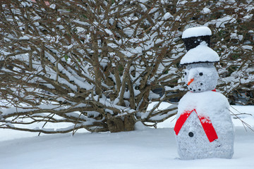 snowman decoration in freshly fallen snow
