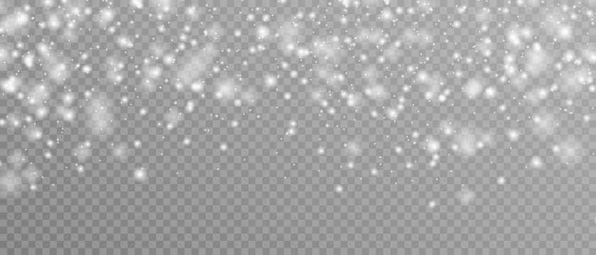 Realistic vector falling snow fall overlay. Shining snowflakes background for Christmas banner of winter collection decoration isolated on transparent. Stock vector