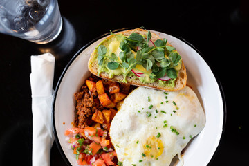 Eggs and Chorizo Hash with Avocado Toast