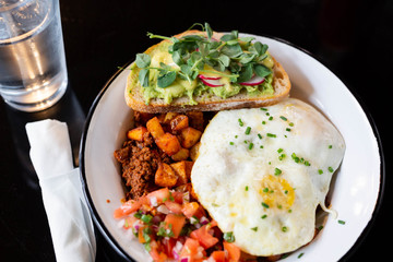 Eggs and Chorizo Hash with Avocado Toast