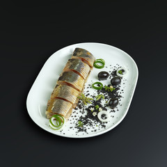 Dishes of traditional Russian cuisine. Restaurant serving. Black background.
